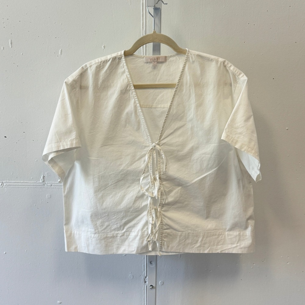 WAYF Womens White Tie‎ Front V-Neck Short Sleeve Boxy Blouse Top XS Lightweight